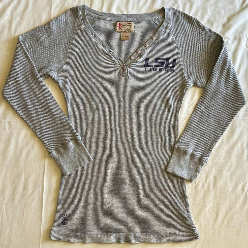 2000s Izod Collegiate LSU Tigers Gray Long Sleeve Henley Top Sz XL Preppy Y2K